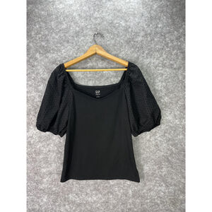 GAP Shirt Womens Large Black Modern Puff Sleeve Eyelet Square Neck Blouse